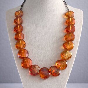 Iridescent Amber-Orange Faceted Resin Statement Necklace